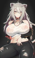 Rule 34 | 1girl, ahoge, animal ears, black background, breasts, closed mouth, covered erect nipples, ear piercing, grey hair, hair between eyes, highres, hololive, large breasts, lion ears, lion tail, long hair, looking at viewer, no bra, piercing, see-through, shishiro botan, simple background, sitting, smile, solo, tail, torn clothes, varniskarnis, virtual youtuber, wet, wet clothes