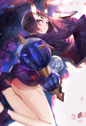 Rule 34 | 1girl, alcohol, ankle ribbon, ass, bad id, bad pixiv id, blunt bangs, blush, breasts, closed mouth, cowboy shot, cup, fate/grand order, fate (series), from side, highres, horns, japanese clothes, kimono, leg ribbon, long sleeves, looking at viewer, looking to the side, oni, purple eyes, purple hair, rabbit (tukenitian), ribbon, sakazuki, sake, short hair, shuten douji (fate), shuten douji (first ascension) (fate), skin-covered horns, small breasts, smile, solo, thighs, wide sleeves