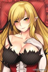 Rule 34 | 1girl, bare shoulders, blonde hair, blush, breasts, cleavage, elbow gloves, gloves, kiss-shot acerola-orion heart-under-blade, large breasts, long hair, looking at viewer, monogatari (series), aged up, oshino shinobu, pointy ears, ribbon, slit pupils, smile, solo, tony guisado, watermark, web address, white gloves, yellow eyes