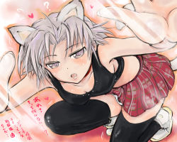Rule 34 | 1girl, animal ears, black thighhighs, blush, breasts, character check, cleavage, collarbone, crop top, eugenia horbaczewski, flying sweatdrops, heart, jitome, looking at viewer, mishiro shinza, nakajima hayate, no bra, open mouth, panties, pantyshot, plaid, plaid skirt, purple eyes, red skirt, shoes, short hair, sideboob, silver hair, skirt, small breasts, solo, squatting, strike witches, sweat, tail, tank top, tenkuu no otome-tachi, thighhighs, translation request, underwear, white panties, wolf ears, wolf tail, world witches series