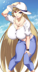 1girl absurdly_long_hair alternate_costume bird black_eyes blonde_hair blue_sky breasts byakkun_(byakkun8181) cleavage hair_down hat heterochromia highres hilda_(under_night_in-birth) jewelry large_breasts long_hair looking_at_viewer makeup midriff necklace pants purple_lips red_eyes sky smile solo swept_bangs under_night_in-birth very_long_hair