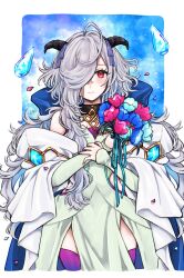 Rule 34 | 1girl, black horns, blue flower, blue rose, bouquet, closed mouth, commentary, dress, eitr (fire emblem), expressionless, fire emblem, fire emblem heroes, flower, goat horns, green dress, grey hair, hair over one eye, highres, holding, holding bouquet, horns, long hair, looking at viewer, misato hao, nintendo, one eye covered, pelvic curtain, petals, purple flower, purple rose, purple thighhighs, red eyes, rose, signature, solo, thighhighs, very long hair, wavy hair
