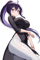 Rule 34 | 1girl, absurdres, ahoge, black dress, breasts, commentary request, covered navel, dress, hair ornament, hairclip, highres, ichi-jirushi, large breasts, long hair, looking at viewer, multicolored hair, original, pantyhose, pelvic curtain, ponytail, purple eyes, purple hair, simple background, solo, thighs, two-tone hair, vietnamese clothes, vietnamese dress, white background, white pantyhose