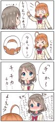 Rule 34 | &gt; &lt;, 10s, 2girls, 4koma, ahoge, blue eyes, blush, bow, bowtie, brown hair, buttons, closed eyes, comic, commentary request, creatures (company), embarrassed, empty eyes, fang, fang out, game freak, hair ornament, hairclip, hand up, highres, long hair, long sleeves, love live!, love live! sunshine!!, mizukoshi (marumi), multiple girls, nintendo, o o, orange hair, pokemon, pokemon (creature), red bow, red bowtie, school uniform, serafuku, speech bubble, sweatdrop, takami chika, translation request, triangle mouth, uchicchii, watanabe you