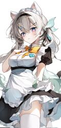 Rule 34 | 1girl, animal ears, apron, black dress, bow, bowtie, cat ears, cowboy shot, dress, firefly (honkai: star rail), hand up, highres, honkai: star rail, honkai (series), long hair, maid, maid headdress, nong 345, orange bow, orange bowtie, pink eyes, pout, puffy short sleeves, puffy sleeves, short sleeves, simple background, solo, thighhighs, white apron, white background, white thighhighs