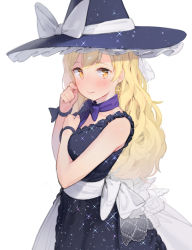 Rule 34 | 1girl, alternate costume, bare arms, black dress, black hat, blonde hair, blue bow, blue bowtie, blush, bow, bowtie, ddal, dress, earrings, from side, hand up, hat, hat bow, highres, jewelry, kirisame marisa, long hair, looking at viewer, revision, ribbon, sash, simple background, solo, sparkle, standing, star (symbol), star earrings, touhou, wavy hair, white background, white bow, witch hat, wrist ribbon, yellow eyes