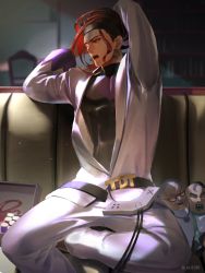 Rule 34 | 1boy, 1girl, arms up, belt, black sweater, brown eyes, brown hair, controller, couch, doll, earrings, game controller, highres, indoors, jacket, jewelry, jojo no kimyou na bouken, long sleeves, one eye closed, open mouth, pants, sitting, solo, stardust crusaders, stretching, sweater, terence t. d&#039;arby, turtleneck, turtleneck sweater, white jacket, white pants, yawning, zouhyou (at4190)