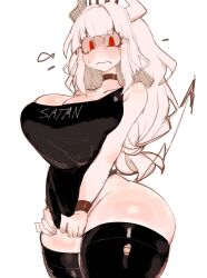 Rule 34 | 1girl, apron, bare hips, bare shoulders, black apron, black choker, black thighhighs, black wrist cuffs, blunt bangs, blush, blush visible through hair, breasts, choker, cleavage, clothes pull, clothes writing, demon girl, demon horns, demon tail, embarrassed, from below, helltaker, highres, horns, huge breasts, long hair, looking at viewer, lucifer (helltaker), red eyes, simple background, solo, tail, tail raised, thick thighs, thighhighs, thighs, usa37107692, wavy mouth, white background, white hair, wide hips, wrist cuffs