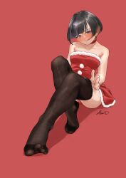 Rule 34 | 1girl, absurdres, aiharararara, bare shoulders, black hair, black pantyhose, blush, breasts, choker, clothes pull, collarbone, dorsiflexion, dress, feet, foreshortening, fur-trimmed dress, fur trim, highres, knees up, legs, licking lips, looking at viewer, medium breasts, multicolored hair, no shoes, on ground, original, pantyhose, pantyhose pull, purple eyes, purple hair, red background, red choker, red dress, see-through, see-through legwear, short dress, short hair, signature, simple background, sitting, solo, strapless, strapless dress, streaked hair, textless version, toenails, toes, tongue, tongue out