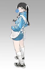 Rule 34 | 1girl, apron, black footwear, black hair, blue jacket, blunt bangs, bubble, chewing gum, earrings, from side, full body, gradient background, grey background, grey eyes, hair ornament, highres, jacket, jersey maid, jewelry, junro, kneehighs, long hair, long sleeves, looking at viewer, looking to the side, maid, original, piercing, shoelaces, shoes, simple background, sneakers, socks, solo, standing, sweat, twintails, unconventional maid, white apron, white socks