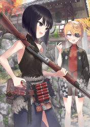 Rule 34 | 2girls, :d, ammunition pouch, architecture, autumn leaves, bare shoulders, bell, belt pouch, bike shorts, black hair, blonde hair, bob cut, brown eyes, commentary request, east asian architecture, eyepatch, gun, hand in pocket, highres, multiple girls, open mouth, original, pouch, purple eyes, reloading, samaru (seiga), short hair, shotgun, shotgun shell, smile, stopwatch, tree, very short hair, watch, weapon, weapon request