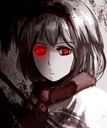 Rule 34 | 1girl, alice margatroid, alternate eye color, capelet, expressionless, glowing, glowing eyes, gradient background, headband, monochrome, red eyes, ribbon, short hair, solo, touhou, zarisu