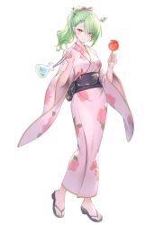 Rule 34 | 1girl, antlers, bag, braid, candy apple, ceres fauna, commentary, english commentary, fish, flip-flops, floral print, food, green hair, hair over one eye, hair ribbon, highres, holding, hololive, hololive english, horns, japanese clothes, kimono, long hair, looking at viewer, obi, pink kimono, pink ribbon, ponytail, print kimono, ribbon, sandals, sash, side braid, simple background, smile, solo, tokisaka makoto, virtual youtuber, white background, wide sleeves, yellow eyes, zouri