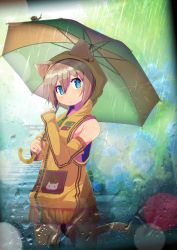 Rule 34 | 1girl, absurdres, animal ears, bare shoulders, blue eyes, cat ears, cat girl, cat tail, closed mouth, commentary request, detached sleeves, flower, hair between eyes, highres, holding, holding umbrella, hood, hoodie, hydrangea, light brown hair, looking at viewer, mishiki sakana, multicolored umbrella, original, rain, short hair, sleeveless, sleeveless hoodie, solo, tail, umbrella, water drop, yellow hoodie