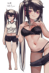 Rule 34 | 1girl, absurdres, ahoge, bare legs, bare shoulders, barefoot, black bra, black hair, black nails, black panties, black shorts, blush, bra, breasts, character age, clothes lift, clothes pull, collarbone, commentary, contrapposto, cowboy shot, full body, gluteal fold, grin, groin, hair between eyes, hair ribbon, highres, large breasts, lifting own clothes, long hair, looking at viewer, midriff, mole, mole on breast, multiple views, nail polish, navel, original, panties, priite hari (torriet), purple eyes, purple ribbon, revision, ribbon, shirt, shirt lift, short shorts, shorts, shorts pull, sidelocks, simple background, sleeveless, sleeveless shirt, smile, standing, stomach, toenail polish, toenails, torriet, twintails, underwear, undressing, very long hair, white background, white shirt