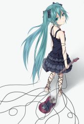 Rule 34 | 1girl, anklet, aqua eyes, aqua hair, bad id, bad pixiv id, bad proportions, barefoot, black dress, broken, cable, dress, electric guitar, frilled dress, frills, from behind, full body, guitar, hatsune miku, heisei yutorin, instrument, jewelry, kneepits, long hair, looking at viewer, looking back, nail polish, simple background, solo, standing, tears, toenail polish, toenails, twintails, very long hair, vocaloid, white background