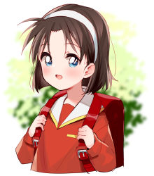 Rule 34 | 1girl, :d, backpack, bag, blue eyes, blurry, blurry background, blush, brown hair, cropped torso, depth of field, hairband, hands up, highres, holding strap, long sleeves, looking at viewer, meitantei conan, meito (maze), open mouth, parted bangs, puffy long sleeves, puffy sleeves, randoseru, red shirt, sailor collar, school uniform, serafuku, shirt, sleeves past wrists, smile, solo, upper body, white hairband, white sailor collar, yoshida ayumi
