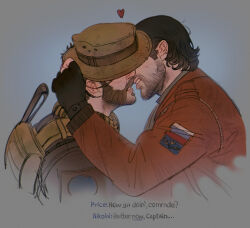 Rule 34 | 2boys, bara, beard, black gloves, black hair, brown hair, brown scarf, brown shirt, call of duty, call of duty: modern warfare 2, captain price, couple, english text, facial hair, fingerless gloves, gloves, hat, hat over eyes, highres, holding, holding clothes, holding hat, imminent kiss, jacket, male focus, mature male, multiple boys, nikolai (modern warfare), red jacket, sasha shkret, scarf, shirt, short hair, thick beard, upper body, yaoi