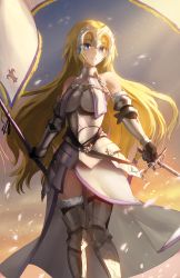 Rule 34 | 1girl, armor, armored boots, armored dress, athenawyrm, bare shoulders, black gloves, blonde hair, blue eyes, boots, breasts, capelet, chain, cowboy shot, elbow gloves, fate/grand order, fate (series), flag, fur trim, gloves, greaves, headpiece, holding, holding sword, holding weapon, jeanne d&#039;arc (fate), jeanne d&#039;arc (ruler) (fate), jeanne d&#039;arc (third ascension) (fate), looking at viewer, medium breasts, parted lips, solo, sword, thigh boots, thighhighs, vambraces, weapon