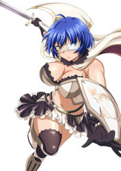 Rule 34 | 1girl, ahoge, armor, black gloves, blue hair, boots, breasts, cape, cleavage, crop top, eyepatch, female focus, frills, gloves, high heel boots, high heels, ikkitousen, midriff, mole, navel, ryomou shimei, shield, short hair, simple background, skirt, solo, sword, thighhighs, weapon