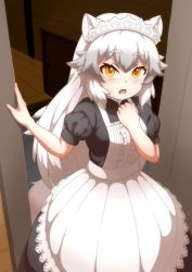 Rule 34 | alternate costume, animal ears, apron, arctic fox (kemono friends), black dress, blush, commentary request, dress, enmaided, ev (kemomimizuku), fang, fox ears, fox girl, fox tail, frilled apron, frills, highres, kemono friends, kemono friends 3, long hair, looking at viewer, maid, maid headdress, official alternate costume, open mouth, puffy short sleeves, puffy sleeves, short sleeves, tail, white apron, white hair, yellow eyes