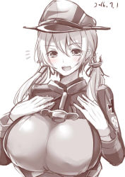 Rule 34 | 10s, 1girl, 2016, :d, alternate breast size, breasts, cross, dated, female focus, gloves, hand on own chest, hat, huge breasts, iron cross, kantai collection, kurokawa otogi, looking at viewer, monochrome, open mouth, otogi (s in w), peaked cap, prinz eugen (kancolle), short twintails, smile, solo, spot color, twintails, white background
