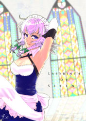 Rule 34 | 1girl, alternate costume, alternate hair color, apron, arm behind head, arm up, armpits, blue dress, blue eyes, bow, braid, breasts, cleavage, colored eyelashes, detached collar, dress, elbow gloves, english text, gloves, hair bow, highres, hireg, izayoi sakuya, looking at viewer, looking to the side, maid, maid apron, maid headdress, perspective, pink hair, signature, solo, stained glass, strapless, strapless dress, title, touhou, twin braids, white gloves