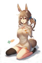 Rule 34 | 1girl, 4th, :o, animal ears, bad id, bad pixiv id, breasts, brown hair, carrot, clip, flower, full body, hair flower, hair ornament, hand on own chest, interlocked fingers, long hair, meme attire, nail polish, no pants, no shoes, open-chest sweater, original, rabbit ears, rabbit tail, red eyes, red nails, ribbon, simple background, single sock, single thighhigh, sitting, socks, solo, sweater, tail, tareme, thighhighs, twintails, wariza, white background, zettai ryouiki