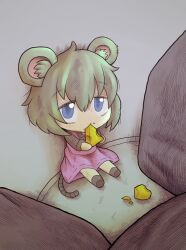 Rule 34 | 1girl, animal ear fluff, animal ears, bags under eyes, blue eyes, cheese, chibi, commentary, cookie (touhou), drddrddo, dress, eating, fake nyon (cookie), food, full body, grey hair, hair between eyes, highres, holding, holding food, long bangs, looking at viewer, mouse ears, mouse girl, mouse tail, nazrin, pink dress, short hair, sitting, solo, tail, touhou