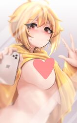 Rule 34 | 1girl, absurdres, ahoge, blonde hair, blush, breasts, censored, clothes lift, heart, heart censor, highres, holding, holding phone, ibuki tsubasa, idolmaster, idolmaster million live!, jinoyou, large breasts, looking at viewer, no bra, one breast out, phone, red eyes, shirt, shirt lift, solo, sweatdrop, underboob, w, yellow shirt