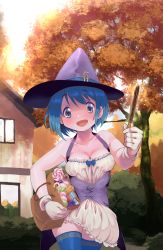 Rule 34 | 1girl, absurdres, bag, blue eyes, blue hair, blue thighhighs, fortissimo, gloamy, gloves, hair ornament, hairclip, halloween, highres, holding, holding bag, huge filesize, magical girl, mahou shoujo madoka magica, mahou shoujo madoka magica (anime), miki sayaka, musical note, musical note hair ornament, short hair, smile, solo, thighhighs, thighs, white gloves