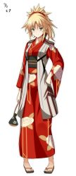 Rule 34 | 1girl, alternate costume, blonde hair, blush, fate/apocrypha, fate (series), floral print, full body, green eyes, hand on own hip, japanese clothes, kimono, kinchaku, long sleeves, looking at viewer, mordred (fate), mordred (fate/apocrypha), obi, ponytail, pouch, sandals, sash, shiseki hirame, smile, solo, split mouth, white background, wide sleeves