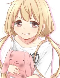 Rule 34 | 10s, 1girl, bad id, bad pixiv id, blonde hair, brown eyes, collarbone, commentary request, dirty, futaba anzu, hair tie, highres, holding, holding stuffed toy, idolmaster, idolmaster cinderella girls, long hair, looking at viewer, low twintails, oversized clothes, shadow, shirt, short sleeves, sidelocks, simple background, smirk, solo, stuffed animal, stuffed rabbit, stuffed toy, t-shirt, teeth, twintails, upper body, very long hair, white background, white shirt, yuu ( yu 5m)