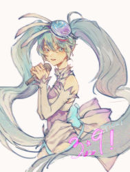 Rule 34 | 1girl, 39, absurdly long hair, aqua eyes, aqua hair, artist name, artist request, back bow, bare shoulders, blue eyes, blue hair, bow, chyhya, dress, female focus, frilled dress, frills, hat, hatsune miku, holding, holding microphone, long hair, microphone, mini hat, parted lips, smile, solo, spica (vocaloid), twintails, very long hair, vocaloid, white background