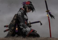 Rule 34 | 1girl, absurdres, black hair, blood, bloody weapon, closed eyes, floral print, flower, from side, grass, grey sky, guweiz, hair flower, hair ornament, highres, katana, original, outdoors, realistic, seiza, sitting, sky, solo, sword, weapon, wide sleeves