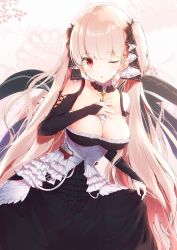 Rule 34 | 1girl, ;o, absurdres, azur lane, bad id, bad pixiv id, between breasts, black dress, bow, breasts, cleavage, collarbone, commentary request, detached collar, dress, flight deck, formidable (azur lane), frilled dress, frills, hair bow, hand on own chest, highres, large breasts, long hair, long sleeves, looking at viewer, one eye closed, parted lips, pink hair, red eyes, solo, twintails, uzuki tsukuyo, very long hair, white background
