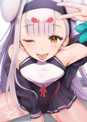 Rule 34 | 1girl, ;p, animal ears, azur lane, bare shoulders, between legs, blurry, blush, breasts, brown eyes, depth of field, dress, hairband, hand between legs, hand up, highres, long hair, long sleeves, looking at viewer, mappaninatta, one eye closed, rabbit ears, shimakaze (azur lane), signature, simple background, skirt, small breasts, smile, solo, thick eyebrows, tongue, tongue out, very long hair, white background, white hair, yellow eyes