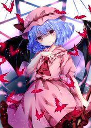 Rule 34 | 1girl, animal, ascot, bat (animal), bat wings, black wings, blue hair, blush, bow, closed mouth, collared dress, dress, frilled dress, frilled shirt collar, frills, hair between eyes, hand up, hat, hat bow, head tilt, holding, holding polearm, holding spear, holding weapon, light smile, mob cap, nanase nao, pink dress, pink hat, polearm, puffy short sleeves, puffy sleeves, red ascot, red bow, red eyes, remilia scarlet, short sleeves, solo, spear, spear the gungnir, touhou, weapon, wings