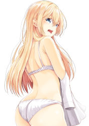 Rule 34 | 1girl, ass, attsun (atsushi jb), back, bare arms, bare shoulders, blonde hair, blue eyes, bra, cowboy shot, from behind, hair between eyes, hair over shoulder, long hair, looking at viewer, looking back, open mouth, original, panties, shirt, simple background, solo, underwear, underwear only, white background, white bra, white panties, white shirt