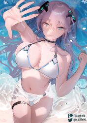 Rule 34 | 1girl, arm up, azur lane, bikini, blue eyes, breasts, closed mouth, commission, from above, hair between eyes, headgear, highres, intrepid (azur lane), jewelry, large breasts, lips, long hair, mole, mole on breast, navel, petals, purple hair, ring, sand, signature, smile, solo, stomach, swimsuit, thigh strap, twitter username, water, wedding ring, white bikini, zasshu