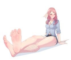 Rule 34 | 1girl, arm support, au ra, bare legs, barefoot, belt, blush, bracelet, breasts, closed mouth, crossed ankles, feet, female focus, final fantasy, final fantasy xiv, foreshortening, full body, jewelry, long hair, looking at viewer, maidforge, multicolored hair, necklace, pink eyes, pink hair, scales, short shorts, shorts, simple background, sitting, small breasts, soles, solo, streaked hair, thighs, toes, white background