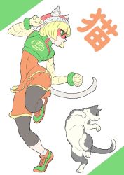 Rule 34 | 1girl, animal ears, arms (game), beanie, blonde hair, blunt bangs, cat, cat ears, cat tail, chinese clothes, domino mask, facepaint, food, full body, green eyes, hat, highres, knit hat, leggings, leggings under shorts, mask, min min (arms), nintendo, noodles, pantyhose, short hair, shorts, sjw kazuya, solo, super smash bros., tail