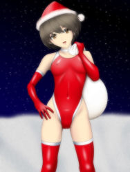Rule 34 | 1girl, :d, black hair, breasts, brown eyes, choker, christmas, competition swimsuit, covered erect nipples, covered navel, elbow gloves, fur trim, gloves, gradient background, hand on own hip, hat, head tilt, highleg, highleg swimsuit, highres, holding, looking at viewer, night, night sky, one-piece swimsuit, open mouth, original, outdoors, over shoulder, red gloves, red one-piece swimsuit, red thighhighs, sack, samejima minoru, santa hat, short hair, sky, small breasts, smile, snow, snowing, solo, standing, swimsuit, thighhighs