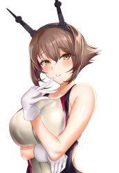 Rule 34 | 1girl, alternate costume, blush, breasts, brown eyes, brown hair, competition swimsuit, crimecrime, gloves, hair between eyes, headgear, highres, kantai collection, large breasts, mutsu (kancolle), one-piece swimsuit, short hair, simple background, swimsuit, white background, white gloves