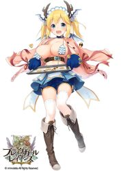 Rule 34 | 1girl, bad id, bad twitter id, blonde hair, blue eyes, blue skirt, boots, brave girl ravens, breasts, choker, cleavage, company connection, cookie, copyright name, f-cla, food, full body, gloves, head wings, highres, horns, image sample, knee boots, large breasts, looking at viewer, open mouth, shorts, shorts under skirt, simple background, skirt, smile, solo, tanya (brave girl ravens), thighhighs, twintails, white background, white thighhighs, wings