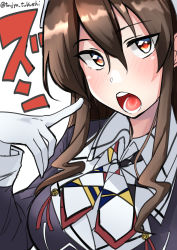 Rule 34 | 1girl, absurdres, ashigara (kancolle), ashigara kai ni (kancolle), brown eyes, brown hair, commentary request, gloves, hairband, highres, kantai collection, long hair, looking at viewer, military, military uniform, multicolored neckerchief, multicolored neckwear, neckerchief, open mouth, pointing, pointing at self, solo, teeth, text background, toujo tsukushi, uniform, upper body, white background, white gloves