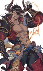 Rule 34 | 1boy, abs, bara, bare pectorals, black pants, clenched hand, cow horns, draph, ear piercing, earrings, eyepatch, fingerless gloves, fire, gauntlets, gloves, granblue fantasy, hashibiro kou (garapiko p), highres, horns, jewelry, large pectorals, looking at viewer, male focus, mature male, muscular, muscular male, pants, pectorals, piercing, pointy ears, red eyes, reinhardtzar, smile, solo, thick thighs, thighs, white background