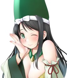 Rule 34 | 1girl, black hair, breasts, cleavage, closed mouth, detached sleeves, green eyes, green hat, hand on own cheek, hand on own face, hand up, hat, highres, imagawa yoshimoto (sengoku otome), kozue akari, large breasts, long hair, long sleeves, looking at viewer, sengoku otome, simple background, smile, solo, transparent background, upper body, wide sleeves