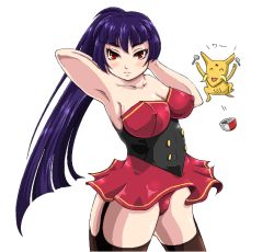 Rule 34 | 1girl, bare shoulders, breasts, cleavage, covered erect nipples, creatures (company), game freak, gym leader, large breasts, long hair, nintendo, plump, pokemon, purple hair, red eyes, sabrina (pokemon), solo, standing, tagme