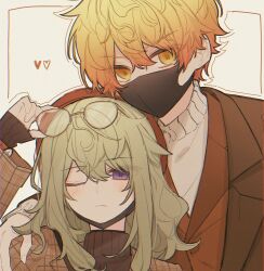 Rule 34 | 1boy, 1girl, beret, black mask, blonde hair, brown coat, brown headwear, brown sweater, brown vest, closed mouth, coat, commentary, couple, eyewear on head, glasses, green hair, hat, highres, kusanagi nene, looking at viewer, mask, mouth mask, one eye closed, project sekai, purple eyes, sidelocks, simple background, sweater, t nvv, tenma tsukasa, turtleneck, turtleneck sweater, upper body, vest, white background, white sweater, yellow eyes, zozotown